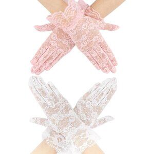 Women White Pink 2 P Gloves Bridal Wedding Party Opera Fashion Halloween Cosplay